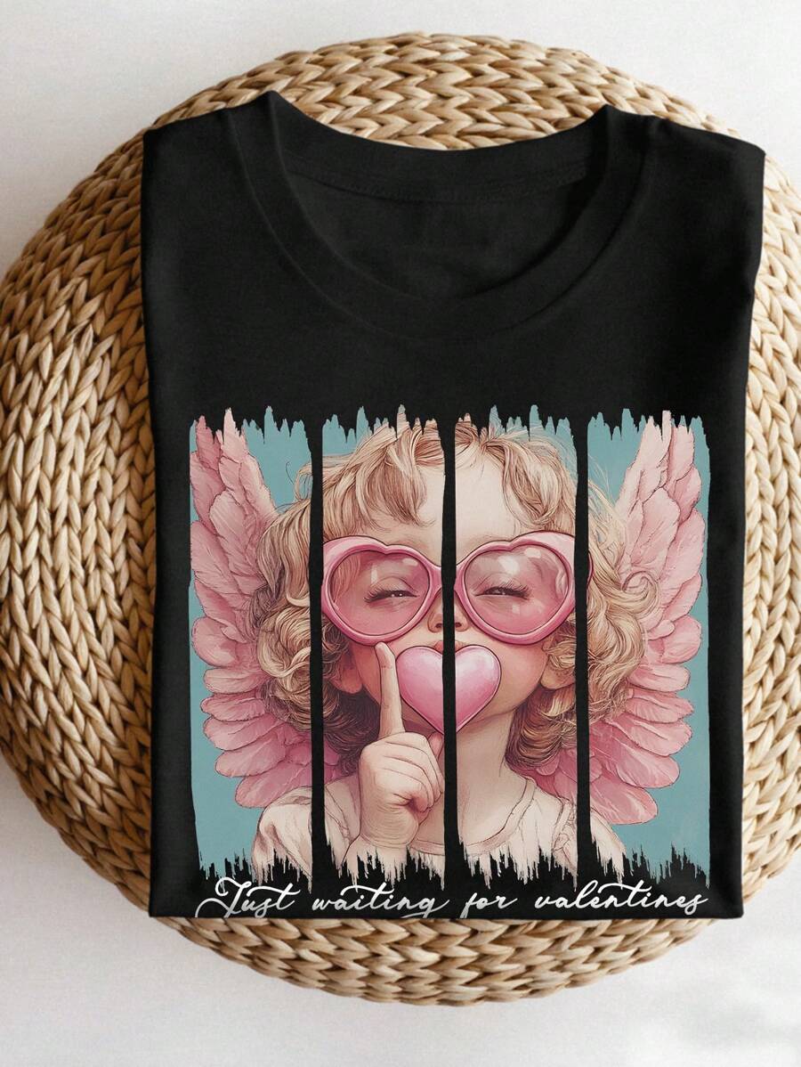 Plus Size Women's Standard Short Sleeve T-Shirt With Angel, Gum, Blessing, Valentine's Day, Love, Cupid, Girl, Angel Graphic For Summer
