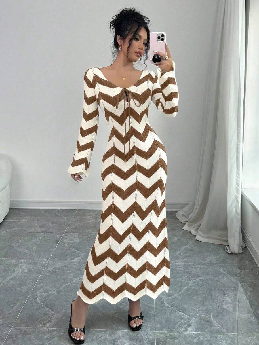 Calvaya Women Striped Lace Up Long Sleeve Casual Striped Long Sweater Dress