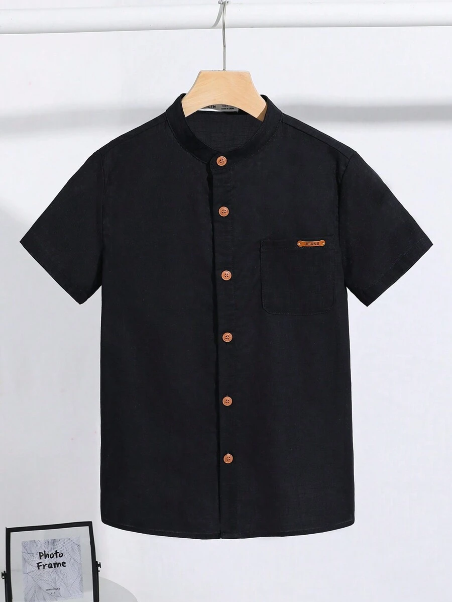 SHEIN Camisa holgada, casual y cómoda con botones y mangas cortas en bloques de color para niños preadolescentes