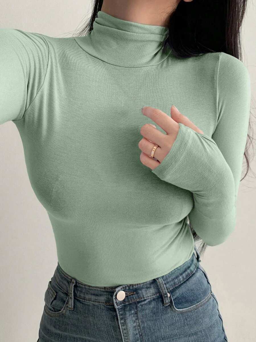 DAZY Dames coltrui lange mouw basis shirt, groen, lente/zomer