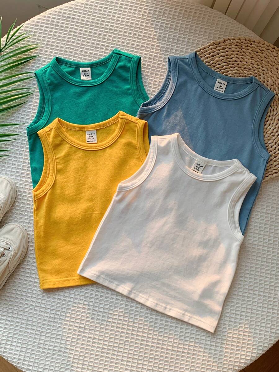 SHEIN 4pcs/Set Baby Boy & Girl Casual Crew Neck Short Sleeve Macaron Colored Knit Vest, Suitable For Spring/Summer Indoor And Outdoor Wear