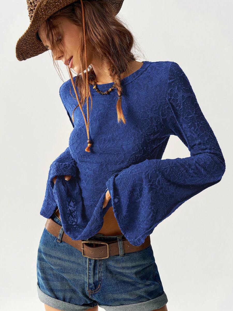 Bohemela BOHO Women's Casual Solid Color Knit Spliced Lace Flare Long Sleeve Slim Fit Regular T-Shirt