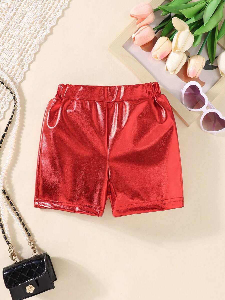 SHEIN Valentine's Day Party PU Baby Girls Elastic Waist Summer Shorts