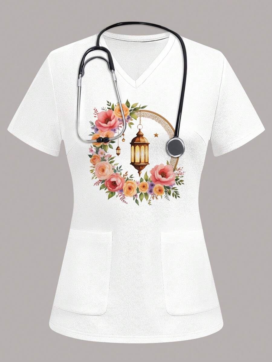 PopScrub Star, Moon And Flower Print Nurses Scrub Uniform Top For Women