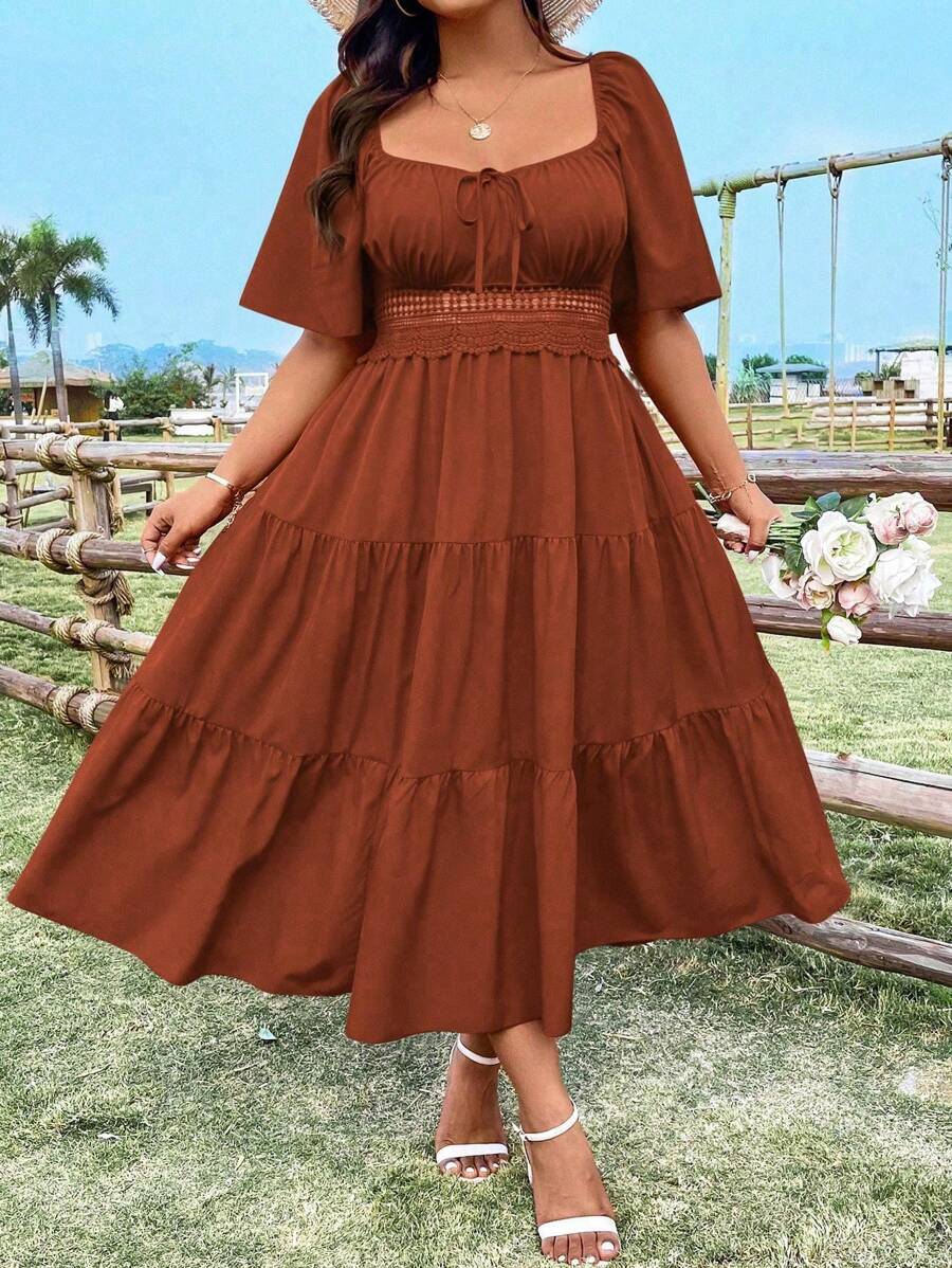 Sunnyshic Robe ample pour femmes avec col carré à encolure en forme de cœur de poulet, manches à volants, patchwork, coupe évasée, style vintage, décontracté, mignon et élégant. Robe d'été petite taille