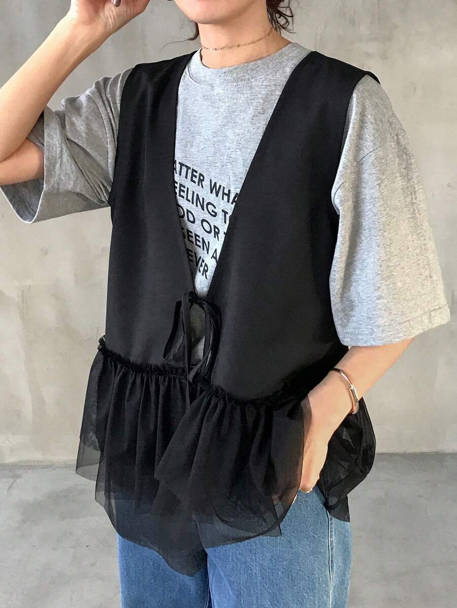 FRIFUL Women's Black Sleeveless Top With Mesh Patchwork And Tie Design, Summer Shirt