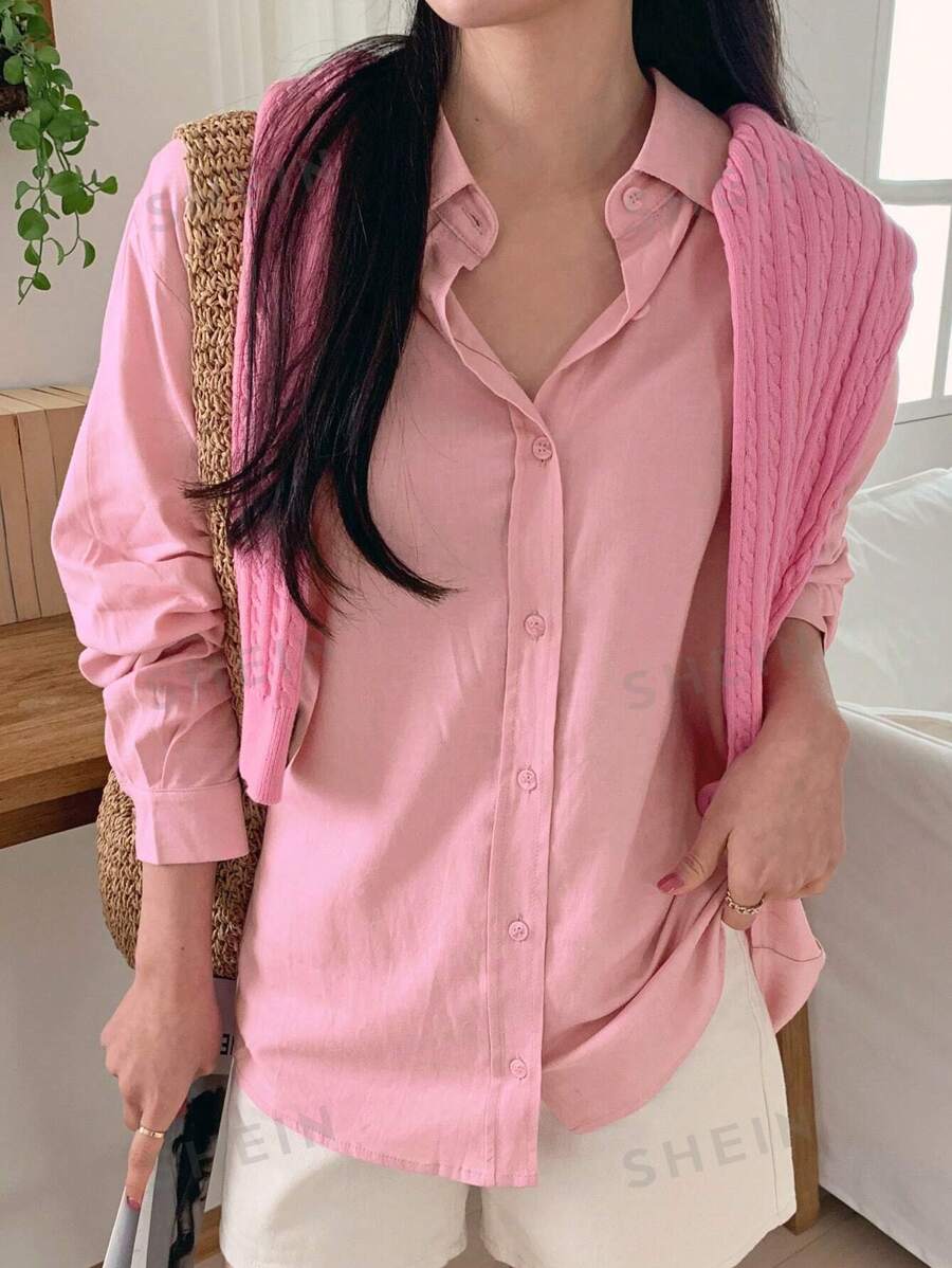 DAZY Camisa básica con cuello vuelto y corte holgado para mujer, color rosa