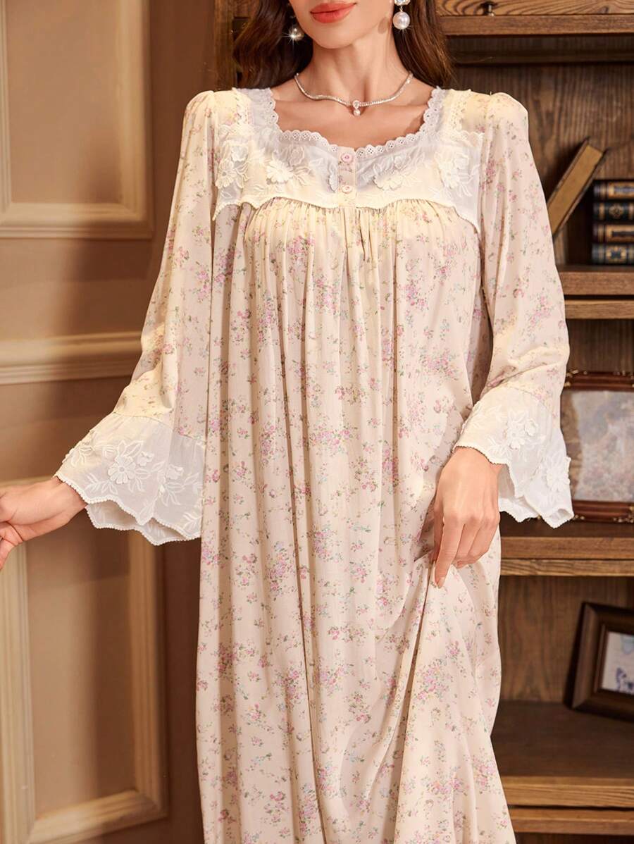 PalaceNights Vintage Ditsy Floral Loose Long Sleeve Lace Patchwork Maxi Nightgown Babydoll Luxe Loungewear, Vacation