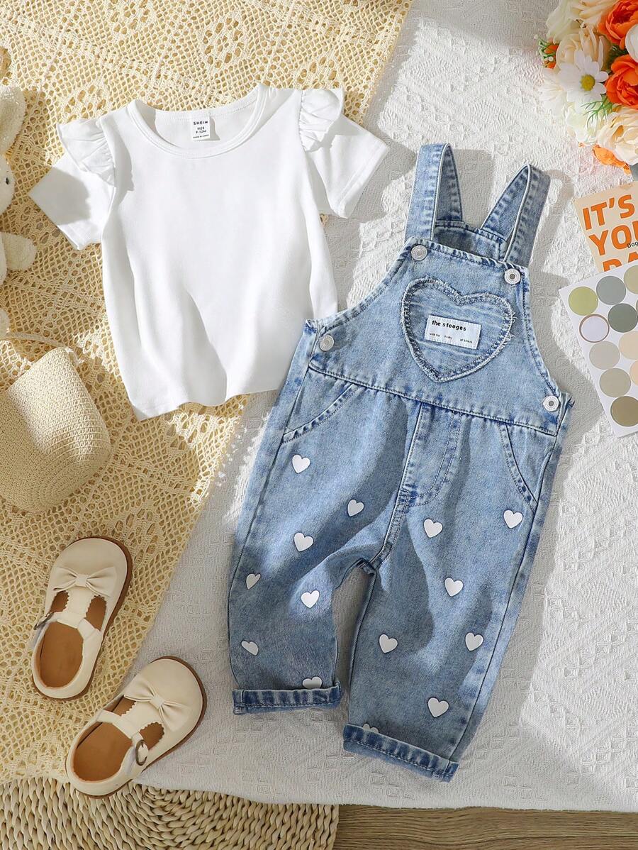 SHEIN Vintaside Kids Conjunto de 2 piezas de niña bebé compuesto por una camiseta de manga corta de unicolor y un peto casual con estampado de corazones
