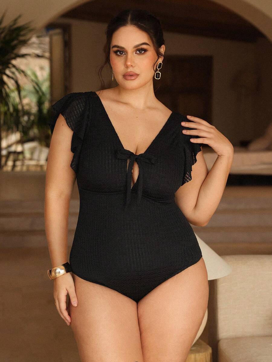 Swim Chiccia Plus Size One-Piece Swimsuit With Elegant Ruffle Trim And Front Tie, Summer Beach Collection