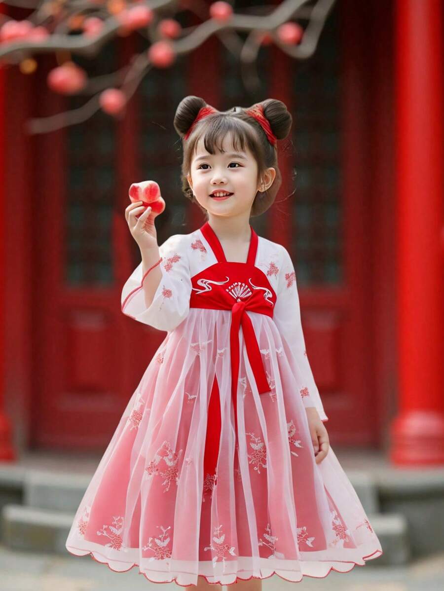 SHEIN Vestido cheongsam estilo chino bordado para niña, vestido largo retro chino, adecuado para uso diario, baile de graduación, fiesta, actuación, primavera/verano