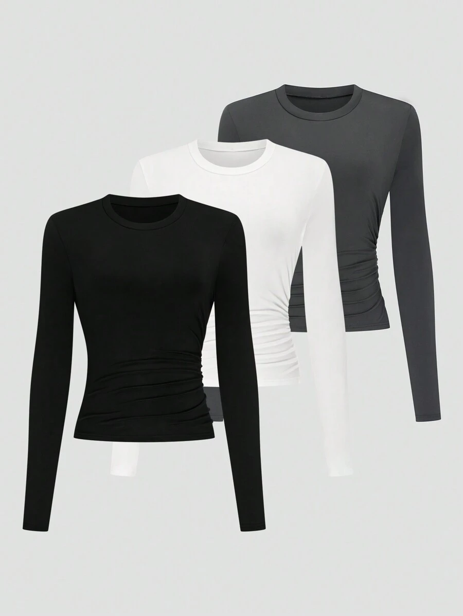 SHEIN LUNE Conjunto de 3 piezas talla grande: Top ajustado de cuello redondo de manga larga de punto con detalle de plisado lateral