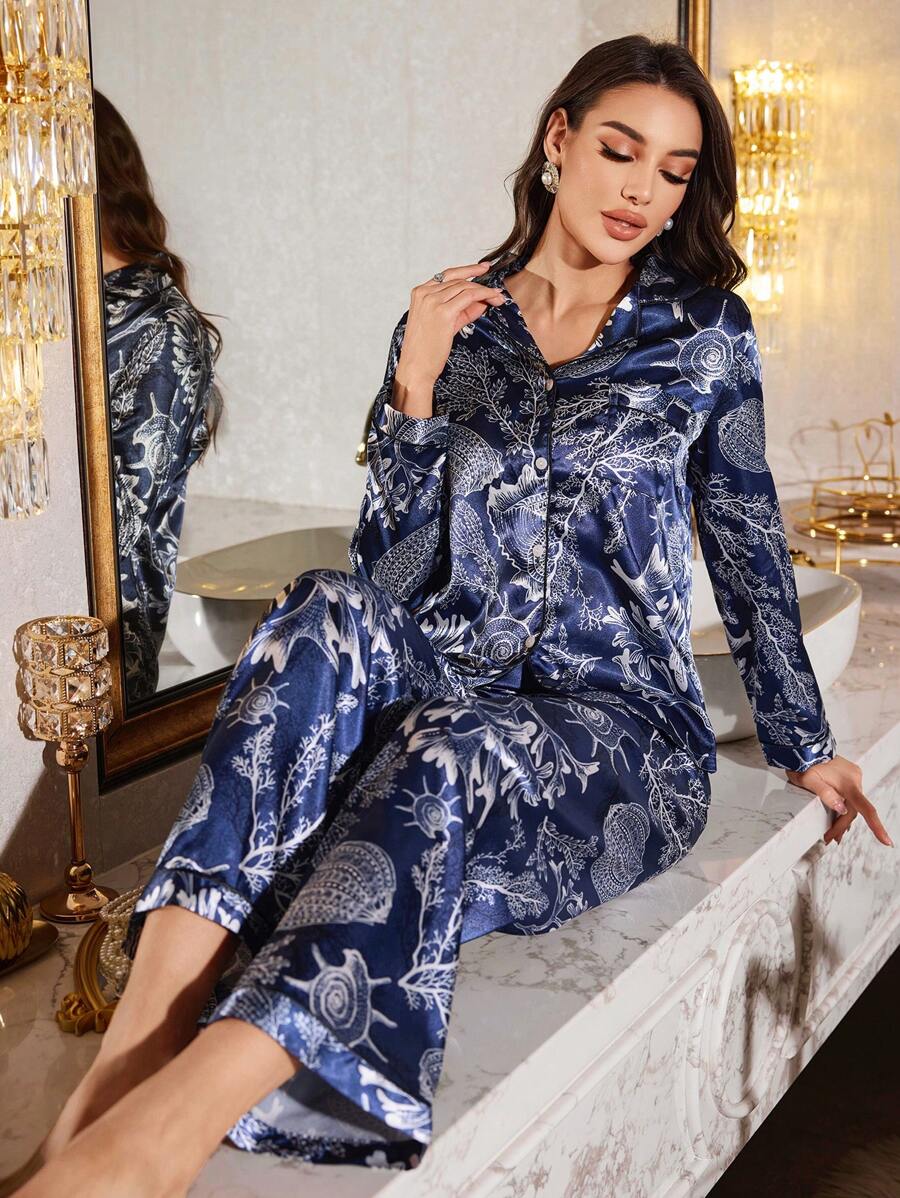 LuxeNights Conjunto de pijama de mujer con estampado de plantas marinas de manga larga y pantalón largo