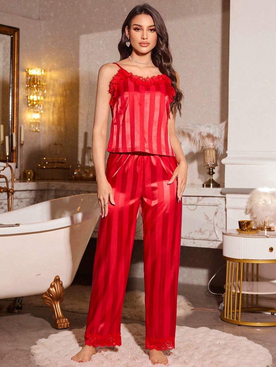 LuxeNights Women's Silk Lace Patchwork Striped Jacquard Camisole & Pants Pajama Set