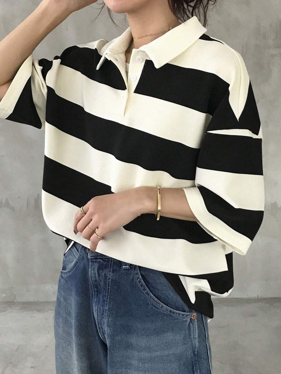 FRIFUL Women Loose Stripe T-Shirt With Polo Collar And Mid-Length Sleeve, Casual Summer Wear Oversized T-Shirt