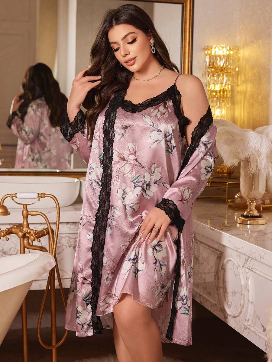 LuxeNights Floral Print Plus Size Loungewear Set Including Robe And Pajama