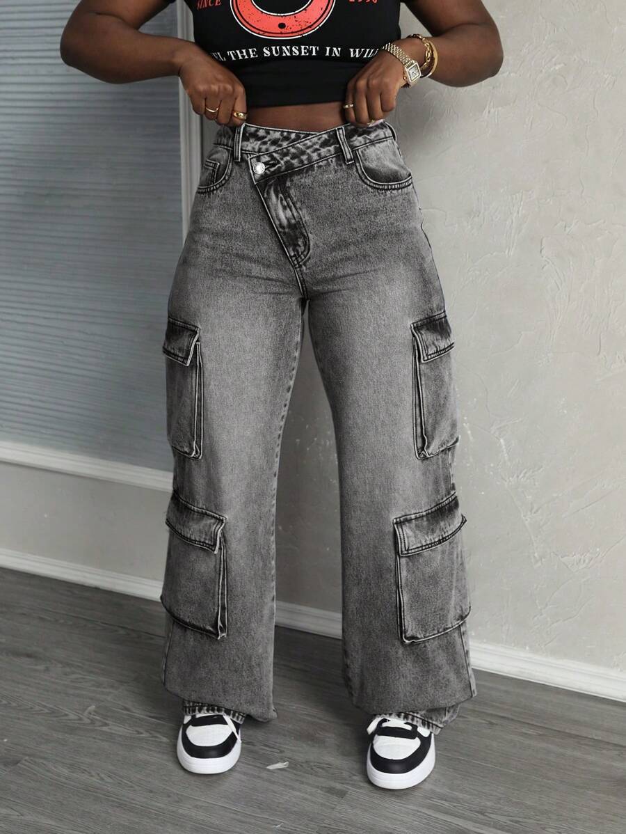 SHEIN Tall Asymmetrische taille Utility Pocket gewassen denim jeans