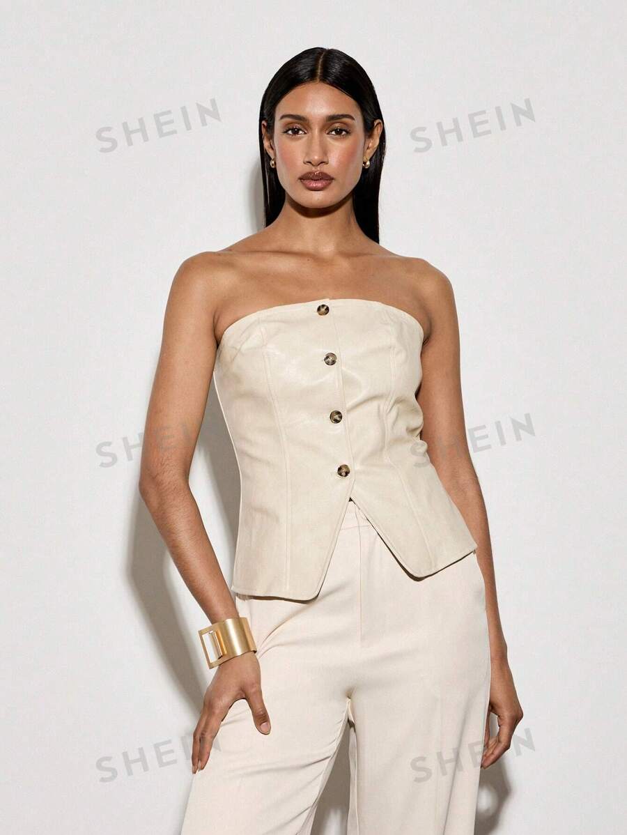 AiiRZ Top corset con diseño de botones, sin tirantes, estilo bandeau, para fiestas de noche, invitados de boda, verano, elegante, ajustado, estructurado, diseño minimalista y moderno