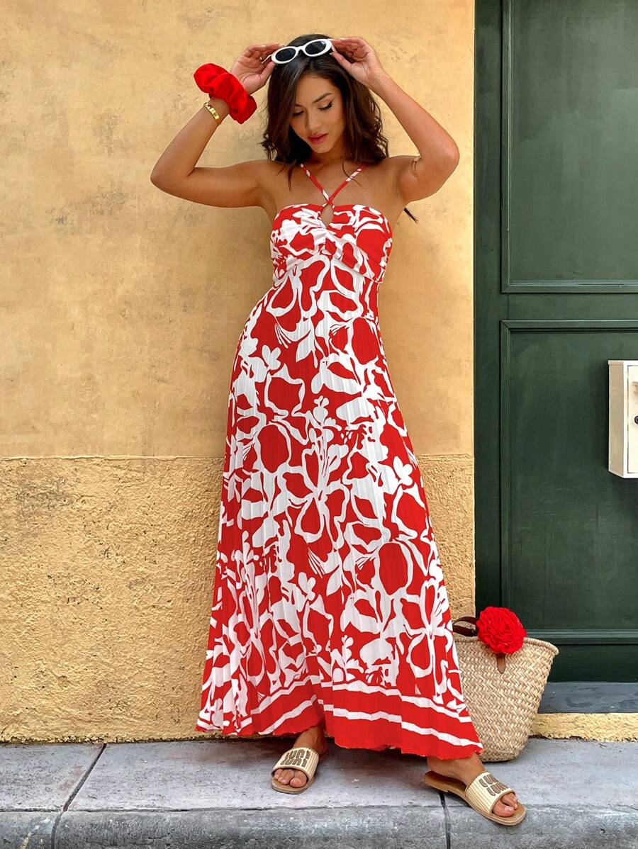 Calvaya Elegante romantische jurk met grote bloemenprint en ruches in één kleur en gekruiste bandjes voor dames, lente/zomer