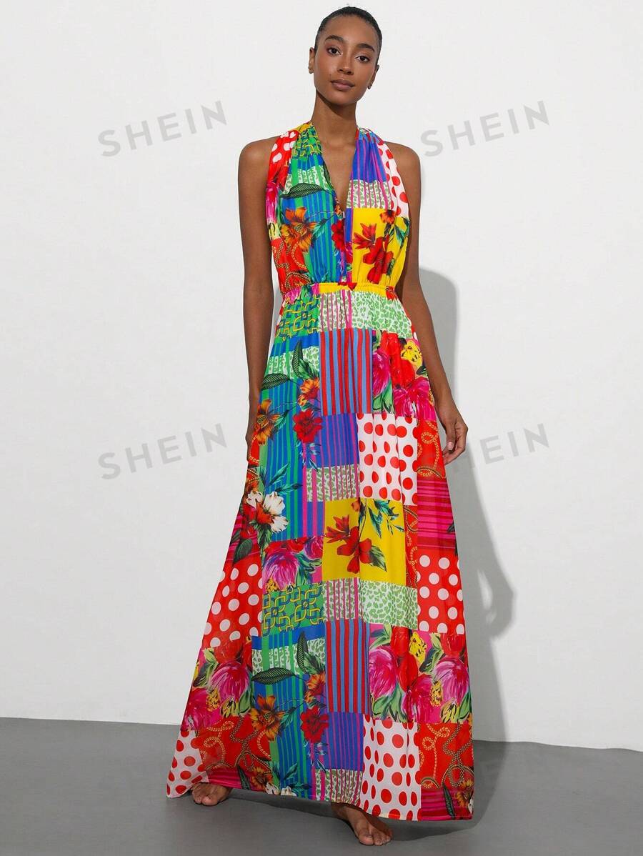 Aveloria Modichic Vestido estampado de estilo retro sin mangas con escote en V profundo y diseño de patchwork y colorido