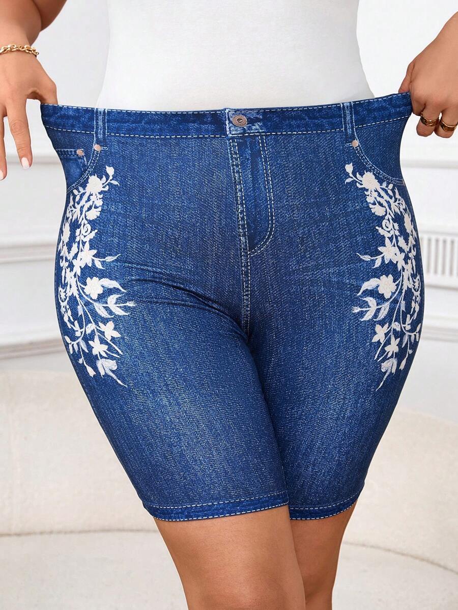 SHEIN Clasi Plus Size Summer Fashionable Simple Fitted Denim Effect Shorts