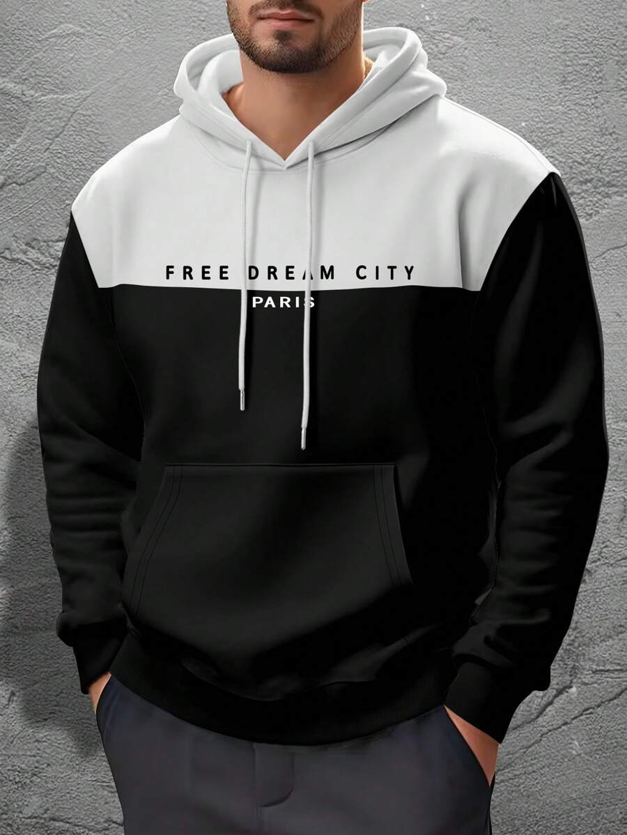 Manfinity Dauomo Sudadera con capucha y cordón de hombre con bloques de color, parches y estampado de letras