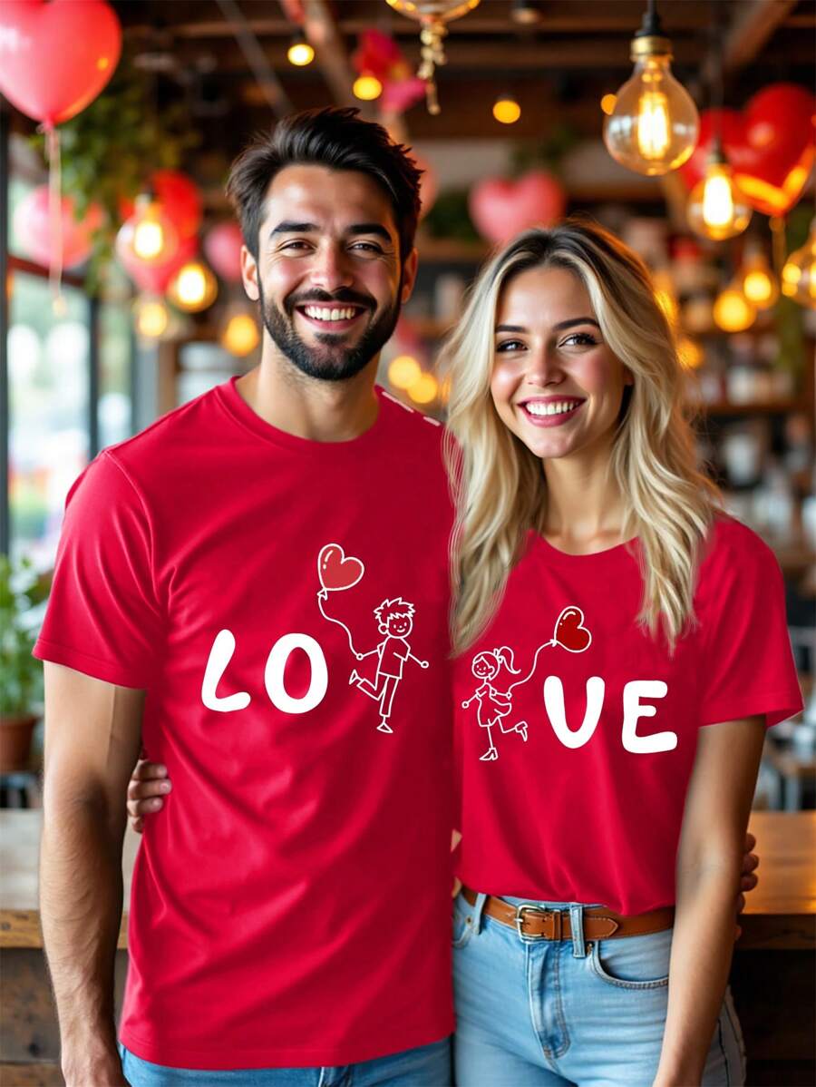 Manfinity Homme Fashionable Casual Valentine's Day Cartoon Couple Design Print Crew Neck Short Sleeve T-Shirt, Suitable For Boyfriend Gifts, Red, Regular Fit