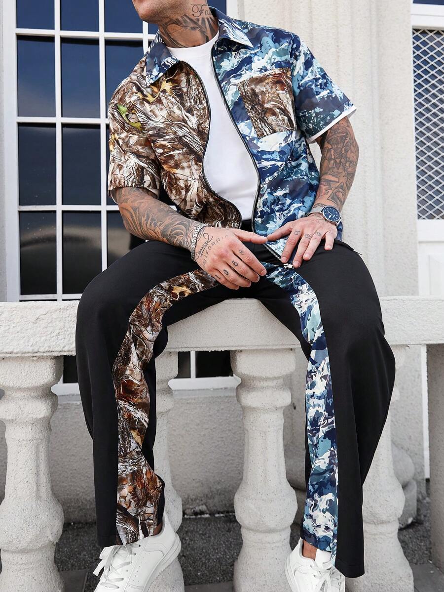 Manfinity LEGND Conjunto de camisa de manga corta y pantalones con estampado de camuflaje y color de contraste para hombre