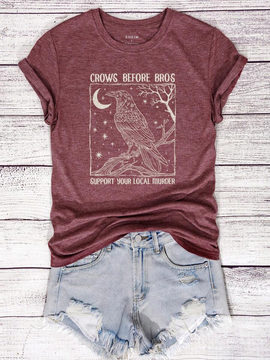 INAWLY Women Crow Moon Slogan Graphic Round Neck Short Sleeve T-Shirt