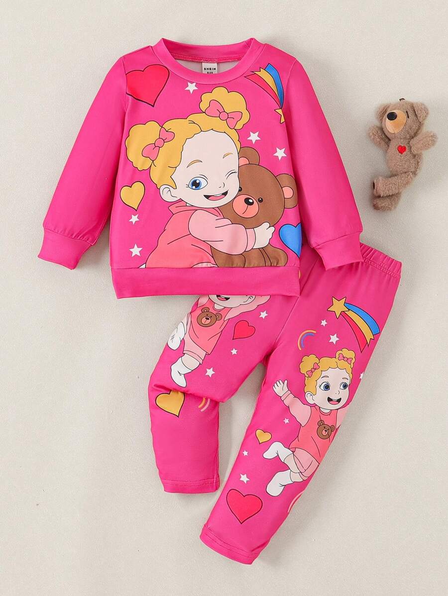 Babygirl Pink Long Sleeve Crew Neck Top And Elastic Waist Pants Set, Casual Sporty Style, Soft Fabric, Suitable For Spring And Autumn Outdoor Activities