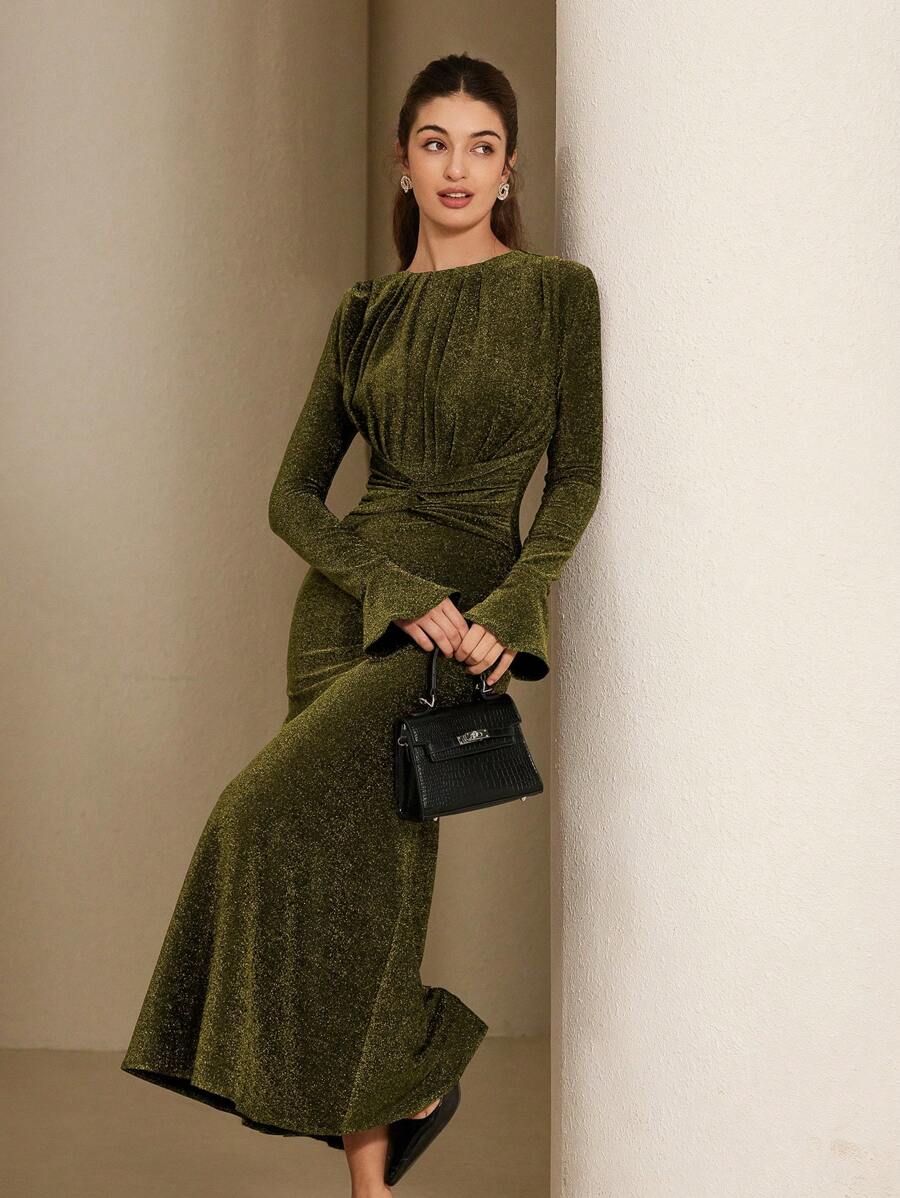 Aveloria Rosie Round Neck Pleated Design Elegant Sophisticated Alluring Satin Material Bell Sleeve Waist Cinched Long Sleeve Dress For Women, Valentines Day Spring Season