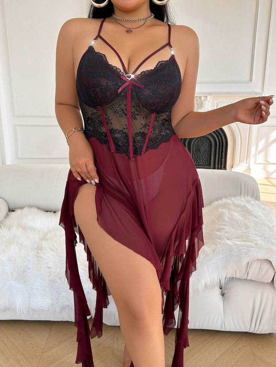 Plus Size Two-Tone Lace Ruffle Patchwork Side High Slit Nightgown