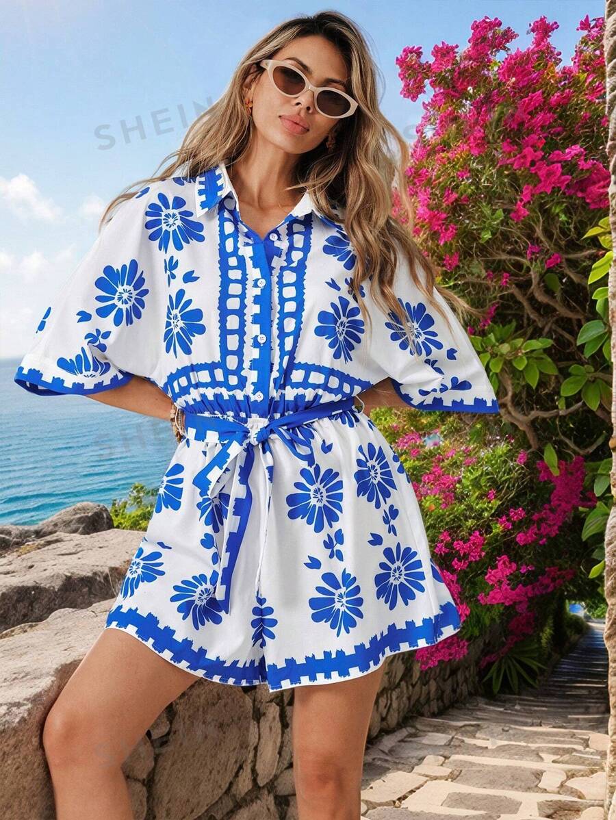 SHEIN VCAY Mono informal de mujer con cuello y manga corta con estampado, corte holgado para vacaciones y resort