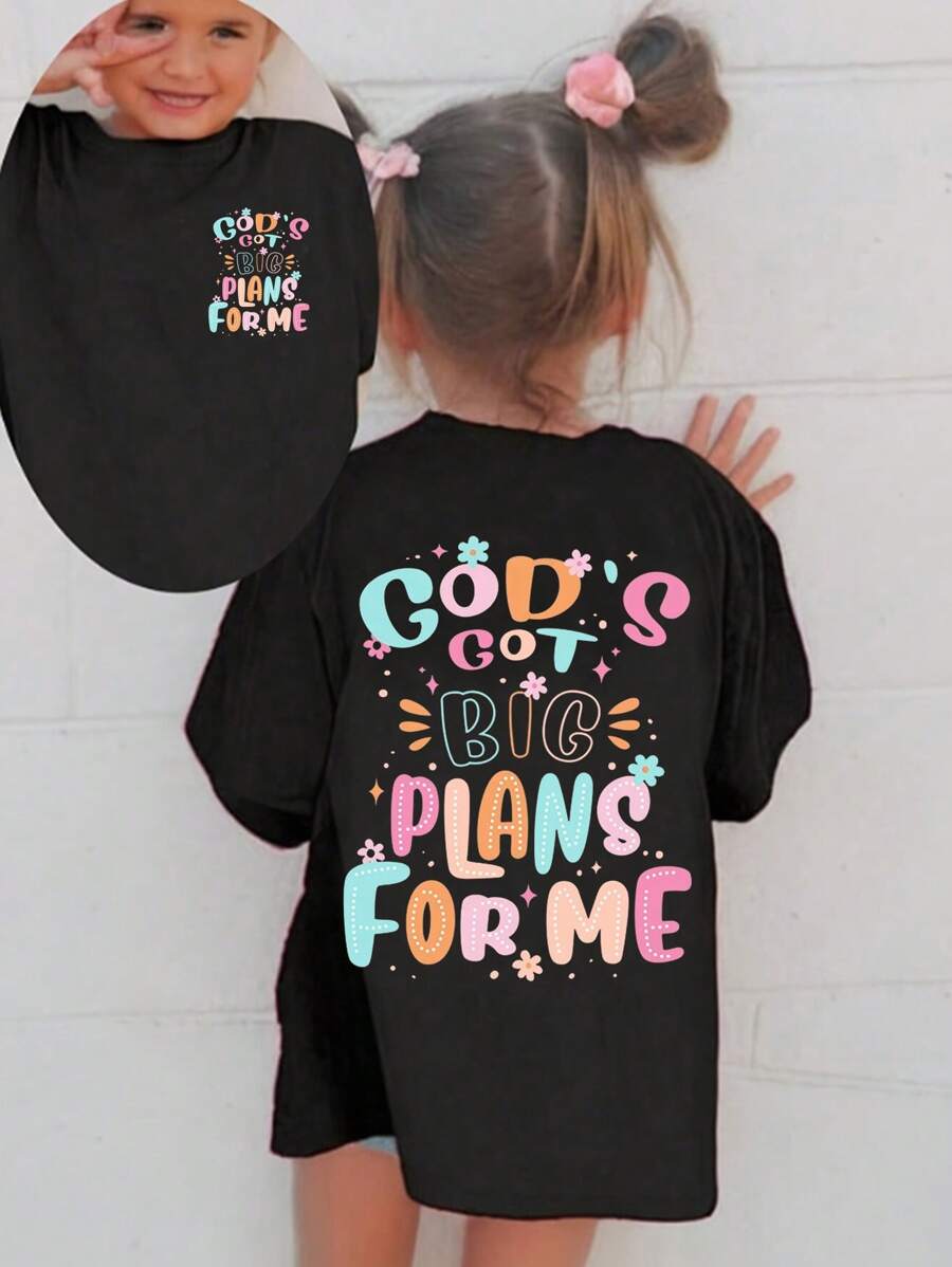SHEIN Camiseta de manga corta veraniega para niña casual y linda con estampado floral y texto de lema colorido