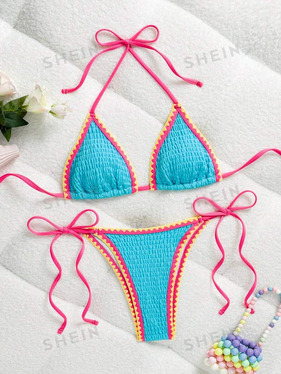 SHEIN Swim Conjunto de bikini de 2 piezas de moda europeo y americano, con escote halter sexy, diseño de volantes de unicolor y cintura alta con estampado floral, traje de baño para mujer para el verano y las vacaciones en la playa
