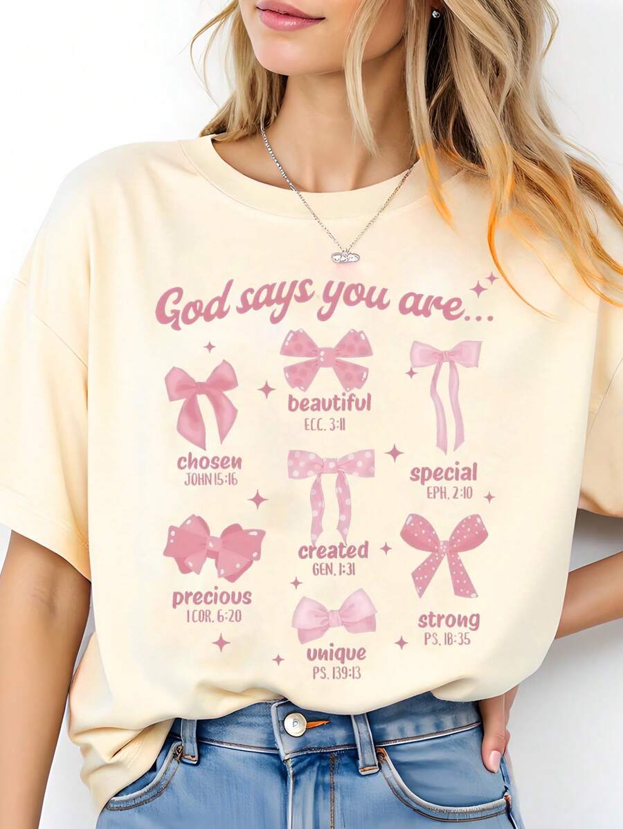 Camiseta de manga corta con estampado de lazo, cuadrícula y eslogan para adolescentes de estilo casual y de moda