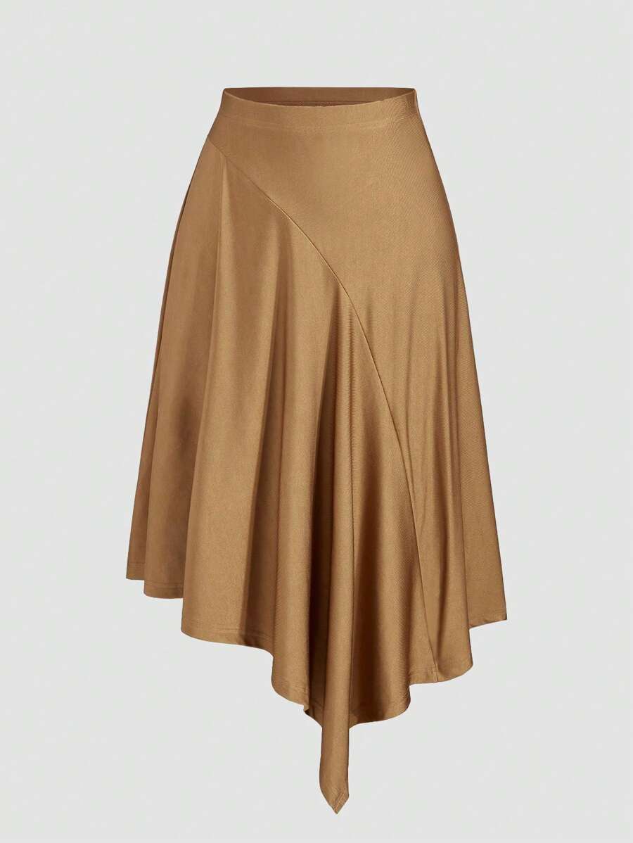 Celure Plus Size Women Solid Color Asymmetric Hem Party Brown Skirt