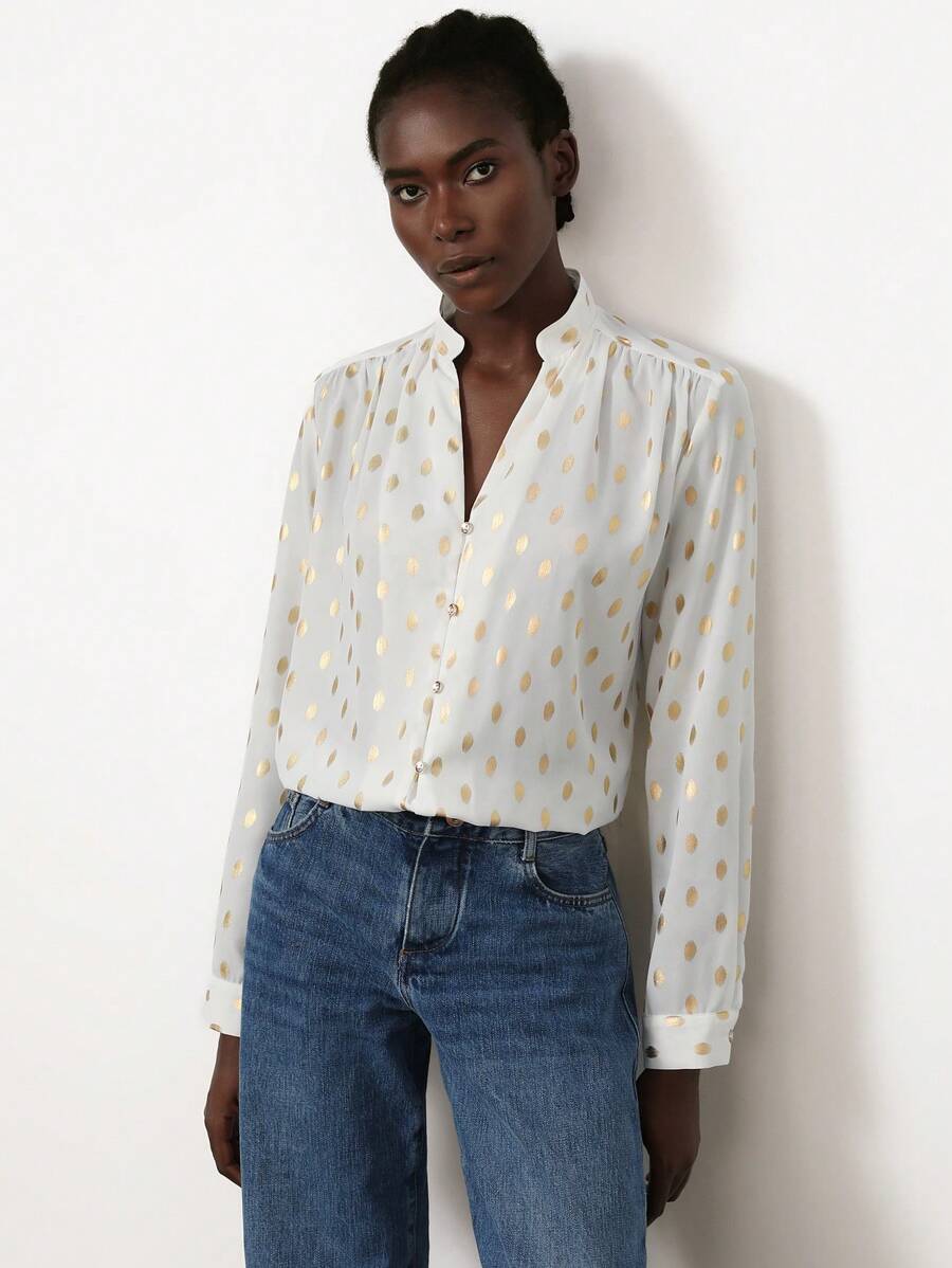 Aveloria Modichic Intellectual Chic Commuter Elegant Small Stand Collar V-Neck Front Pleated Gold Foil Dotted Sheer Chiffon Long Sleeve Blouse