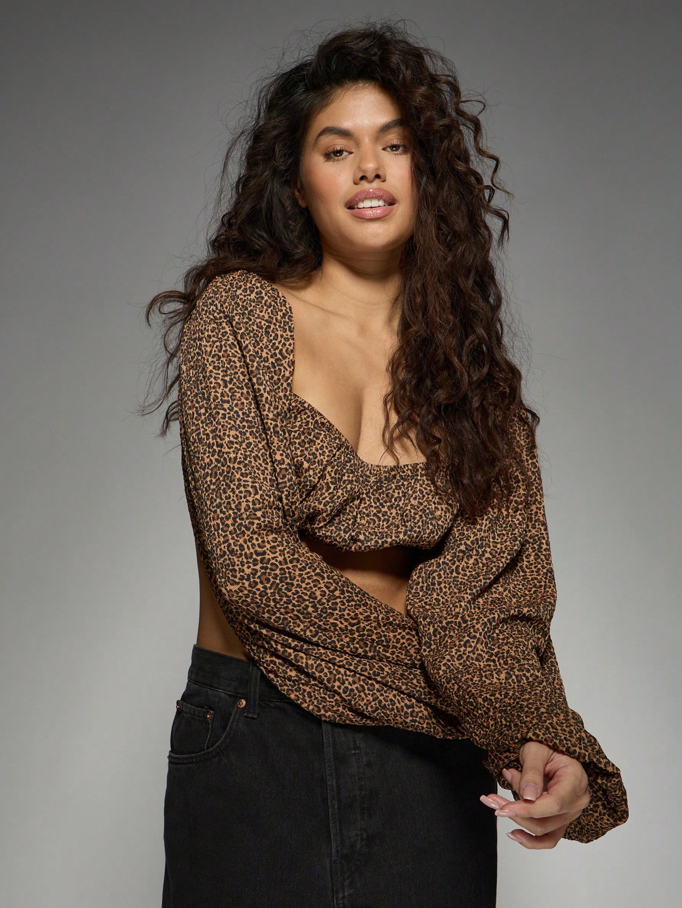 MISSGUIDED シャーリングレオパードプリントクロップトップ 長袖