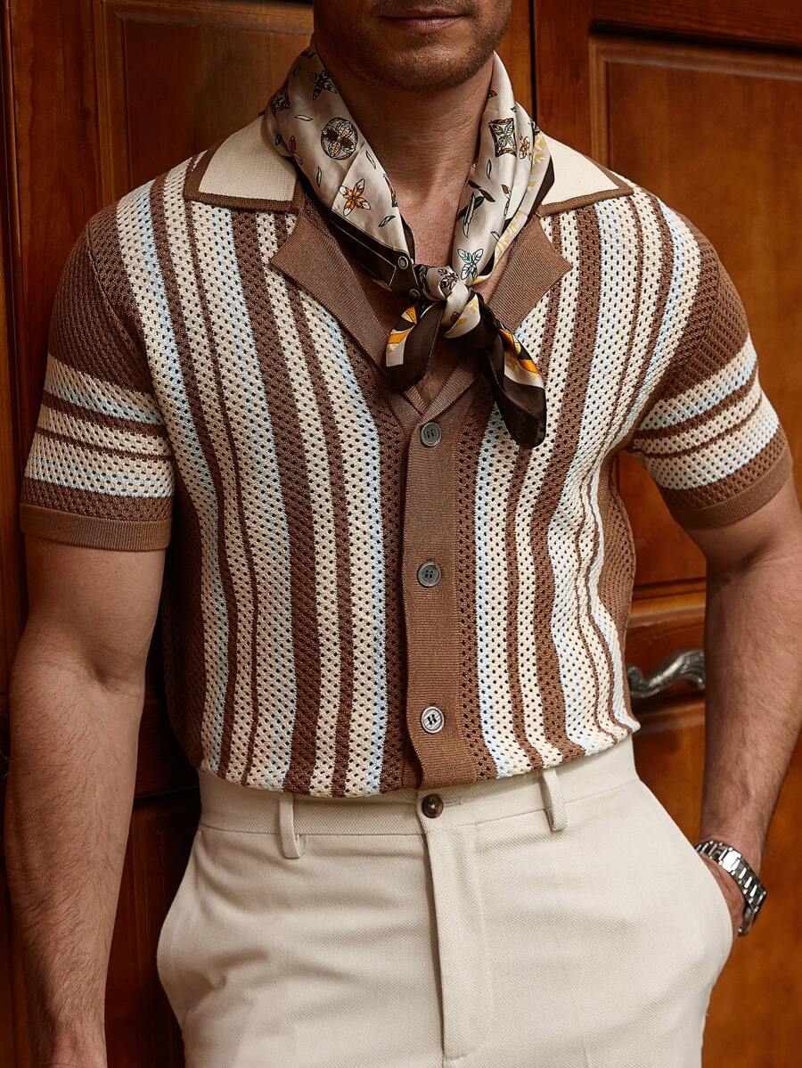 Manfinity CityGents Suéter informal de punto de manga corta con botones delanteros y rayas para hombre