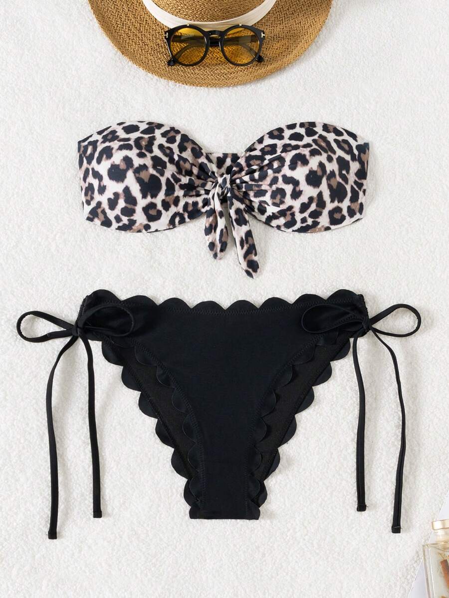 SHEIN Swim Summer Women's Leopard Spot Print Halter Top With Bow Front, Plain Color Cut Out Side Tie Bottoms, Cute & Sexy Bikini Swimwear