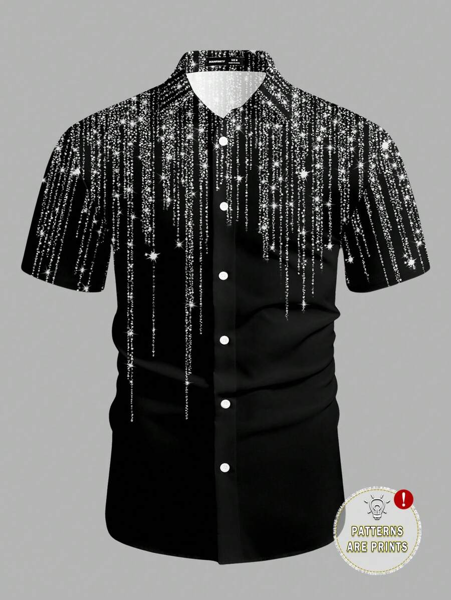 Manfinity AFTRDRK Camisa casual de manga corta de solapa única con estampado de lentejuelas para hombres