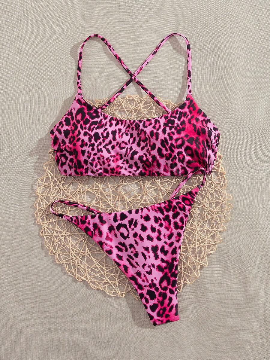 SHEIN Swim Wiosenna przerwa awangardowa damska minimalistyczna seksowna moda uniwersalna gradientowa lamparta nadruk swobodny wakacje plaża impreza spaghetti ramiączka crop top i stringi bikini 2 szt. strój kąpielowy
