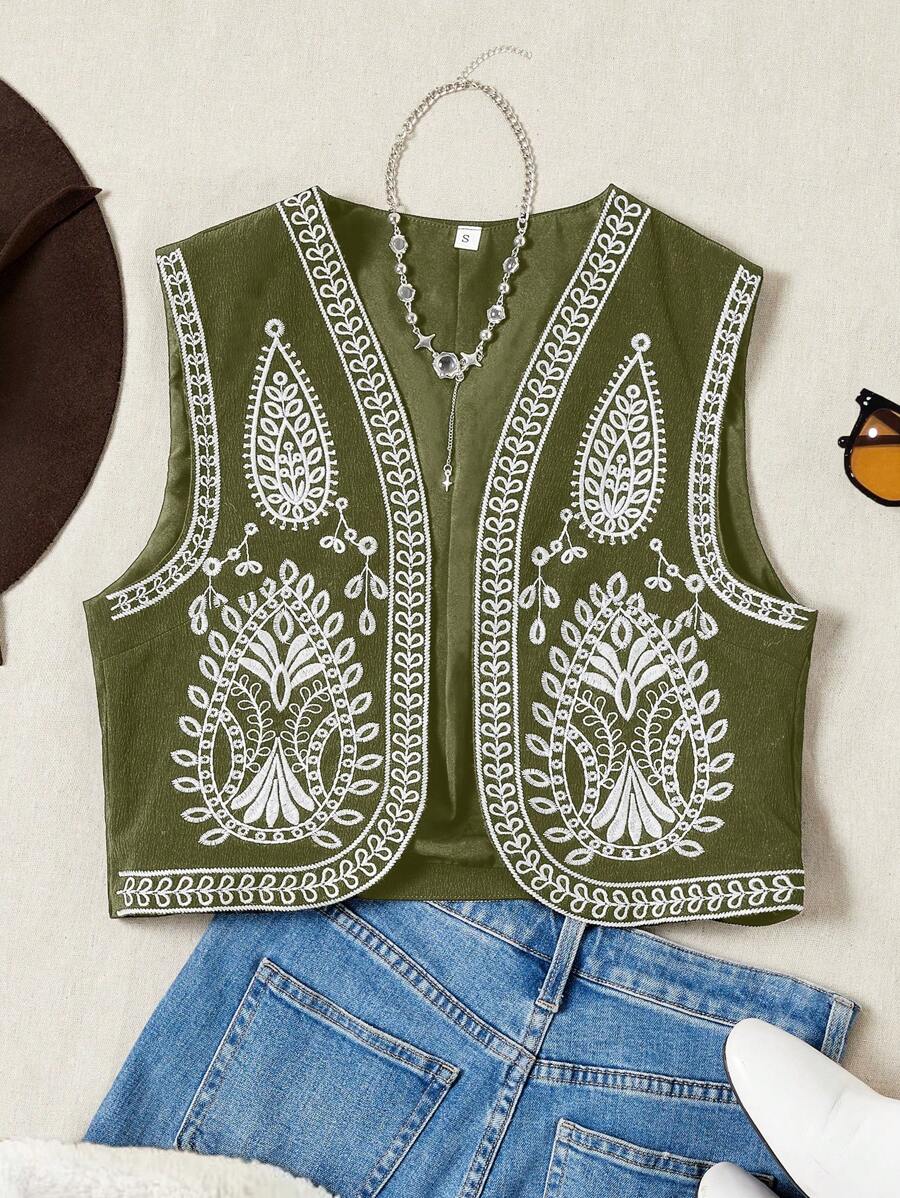 Aveloria Modichic Chaqueta sin mangas elegante con bordado en contraste para mujer, estilo occidental retro