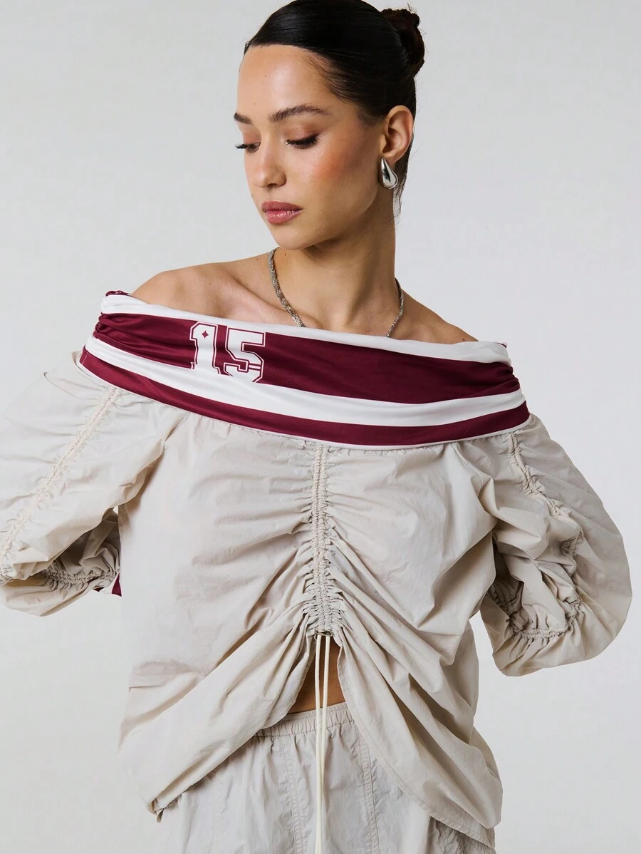 TypaGal Number Striped Print Panelling Drawstring Ruched Detail Off Shoulder Long Sleeve Nylon Shirt Top