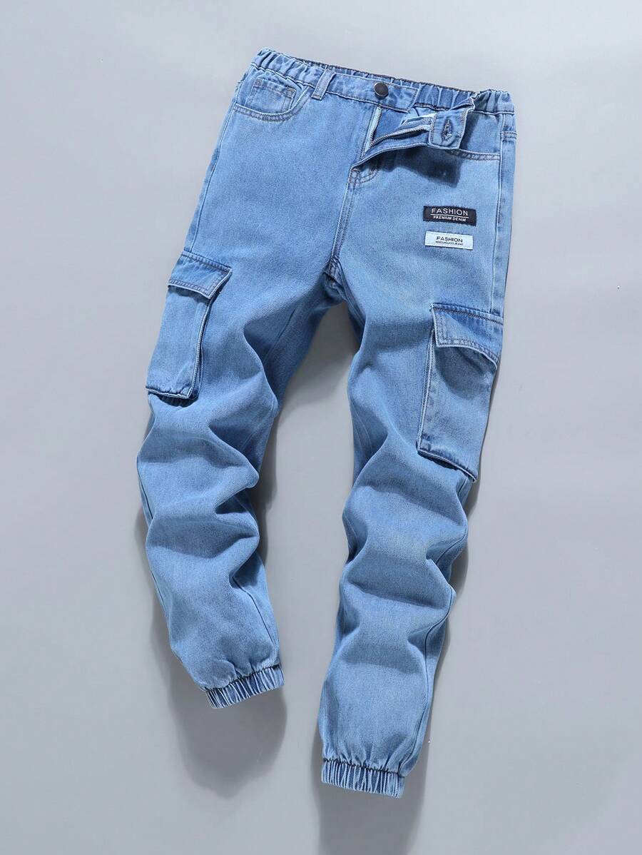 Pantalones vaqueros ajustados con parche y bolsillos tipo cargo para niños preadolescentes, nueva moda