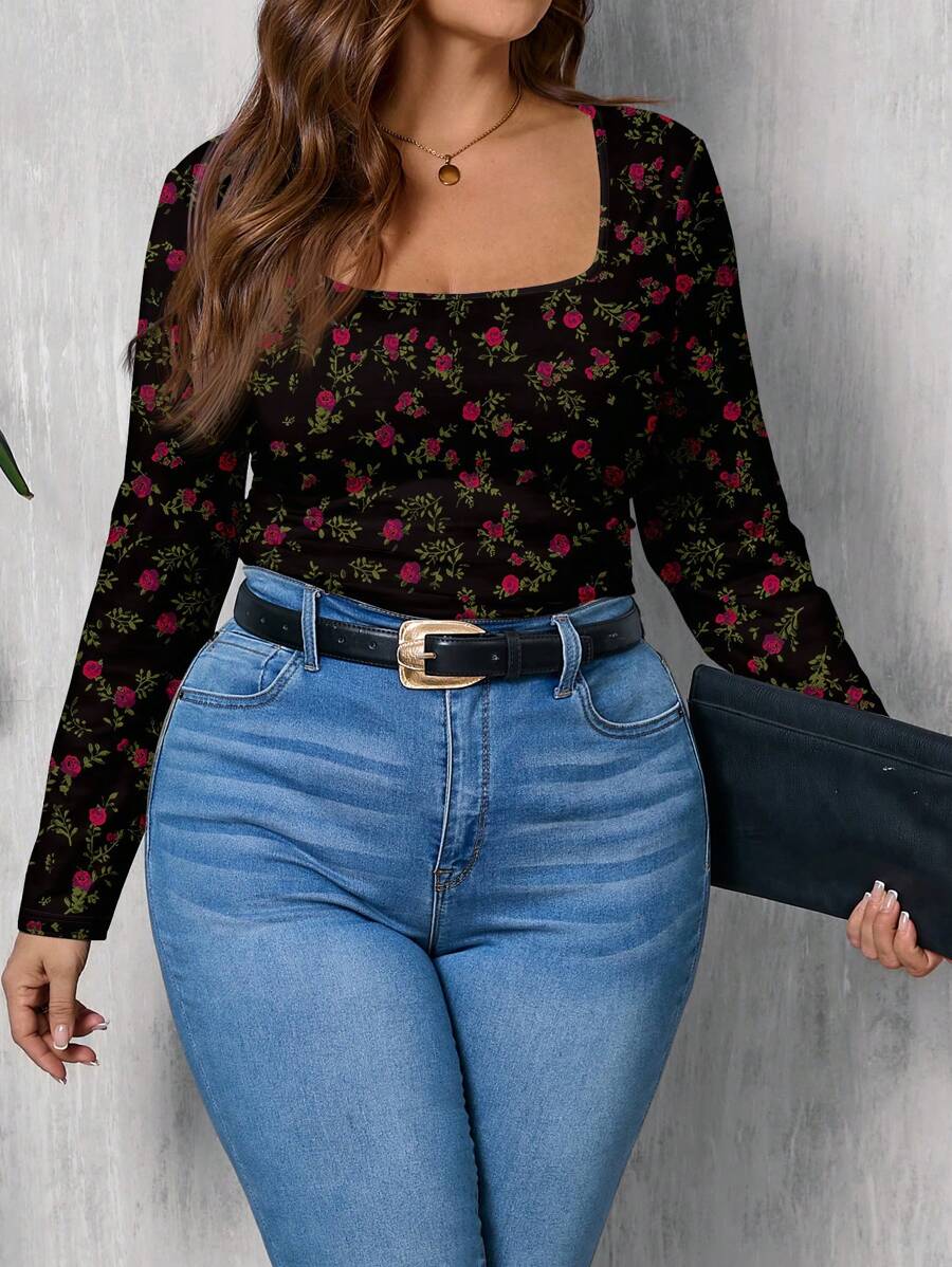 SHEIN LUNE Camiseta suelta de cuello redondo con estampado de rosa de talla grande para mujer, estilo minimalista