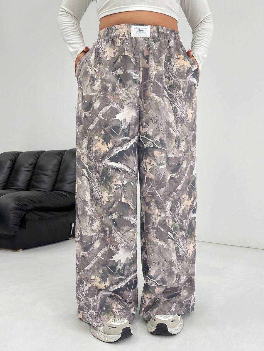 SHEIN EZwear Pantalones largos casuales con estampado tejido para mujer de talla grande, minimalista y de moda para uso diario