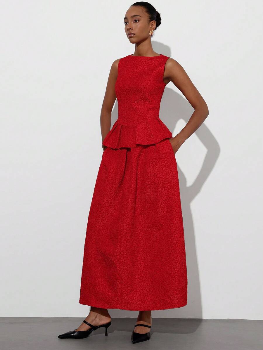 Aveloria Modichic 2pcs/Set Women's Red Romantic Party Outfit - Sleeveless Jacquard Top With Layered Waist Detail & Extra Long Skirt, Elevated Look