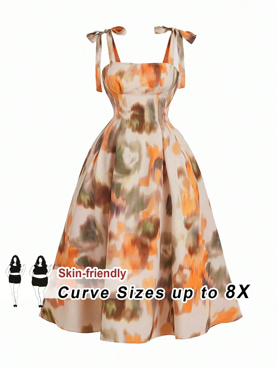 SHEIN CURVE+ Plus Size Damska Letnia Wakacyjna Sukienka Vintage Abstrakcyjna Kwiatowa Falbana Cami
